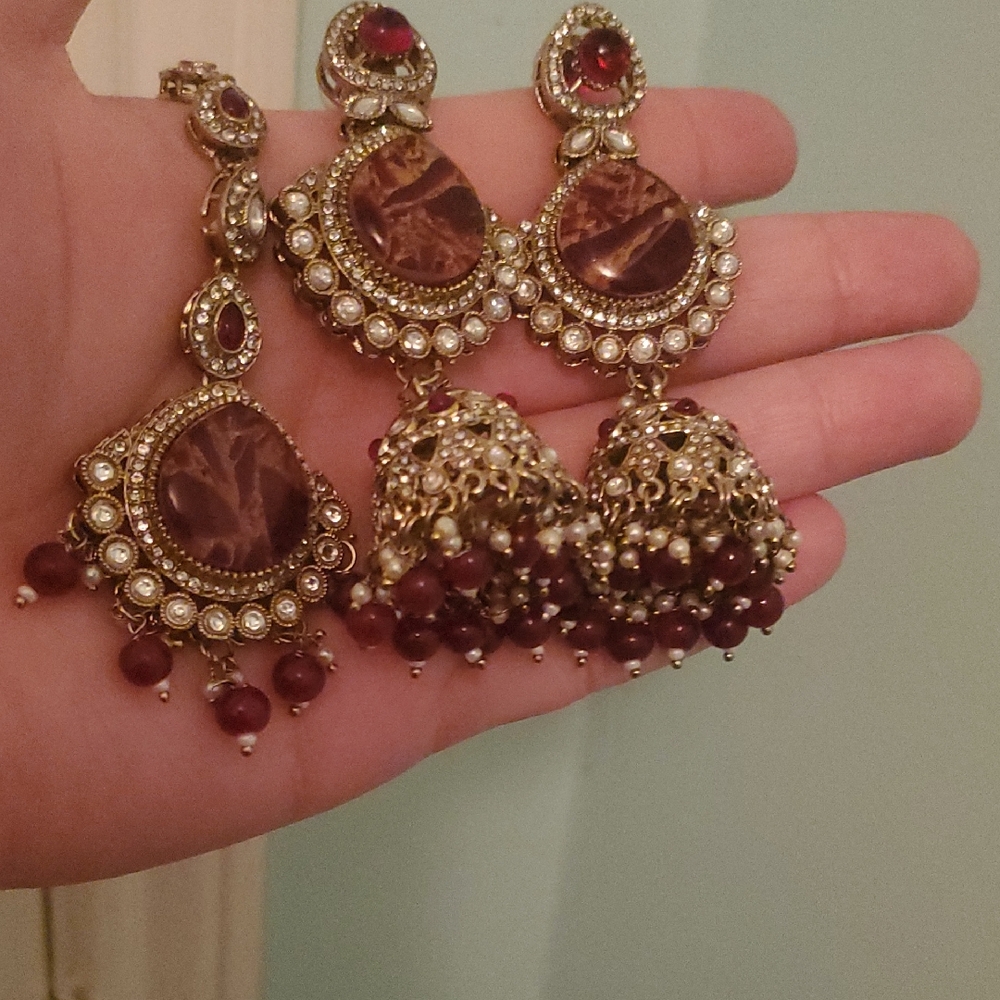 Mosanite Jhumka Tika Set Nwot Mehroon Yellow